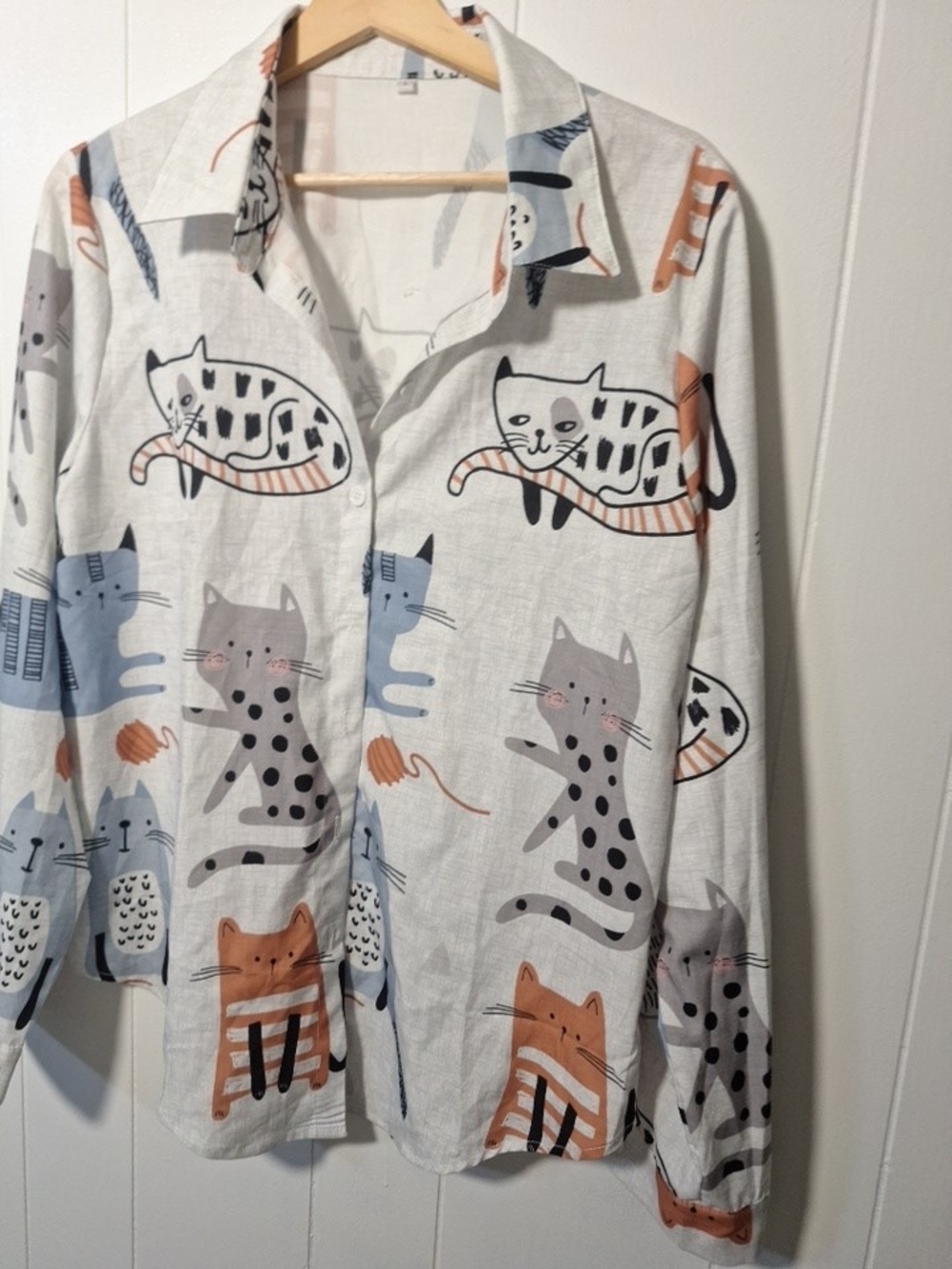 Cat Print Button-Up Shirt - White with Blue, Gray & Tan Cats
